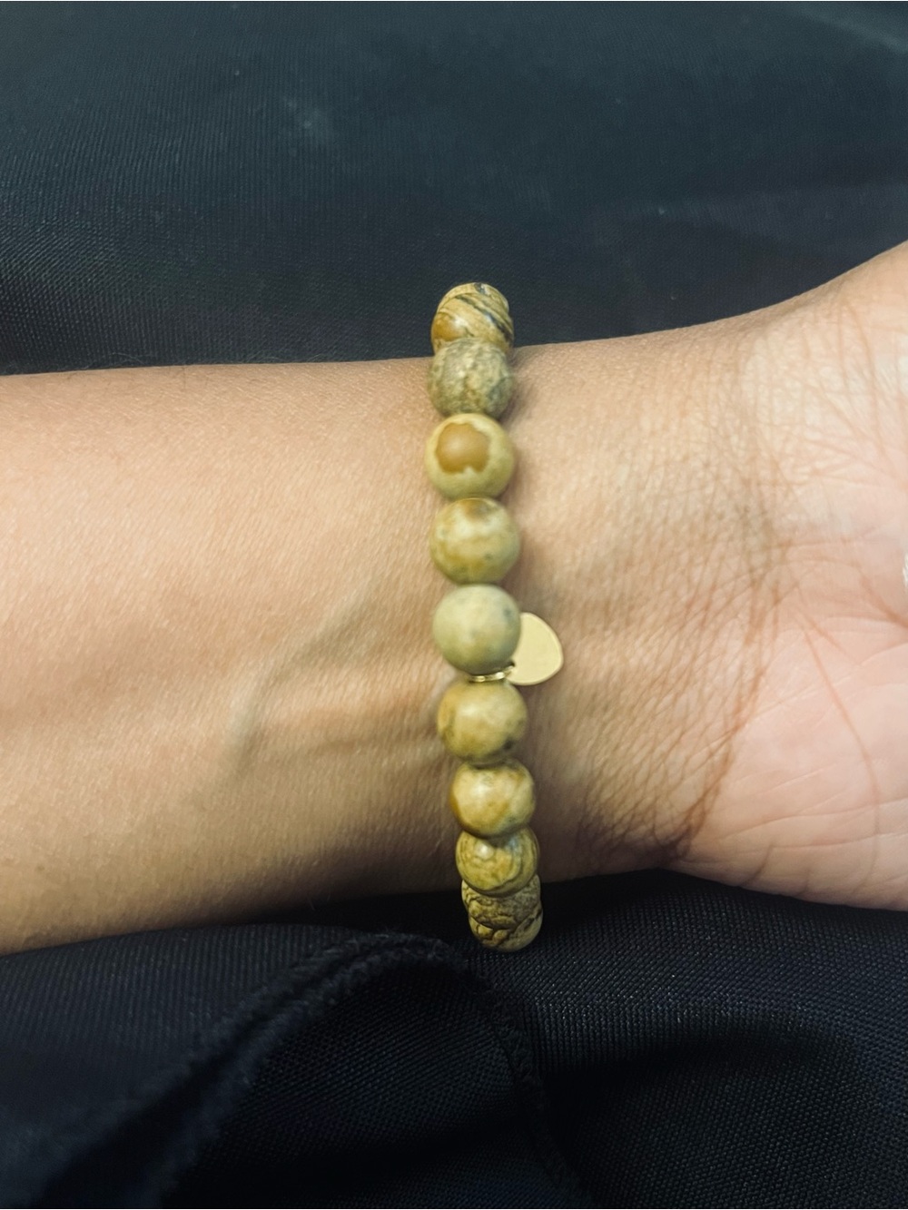 Natural Picture Stone Beaded Stretch Bracelet w 18k Gold Cross - Picture 3 of 3